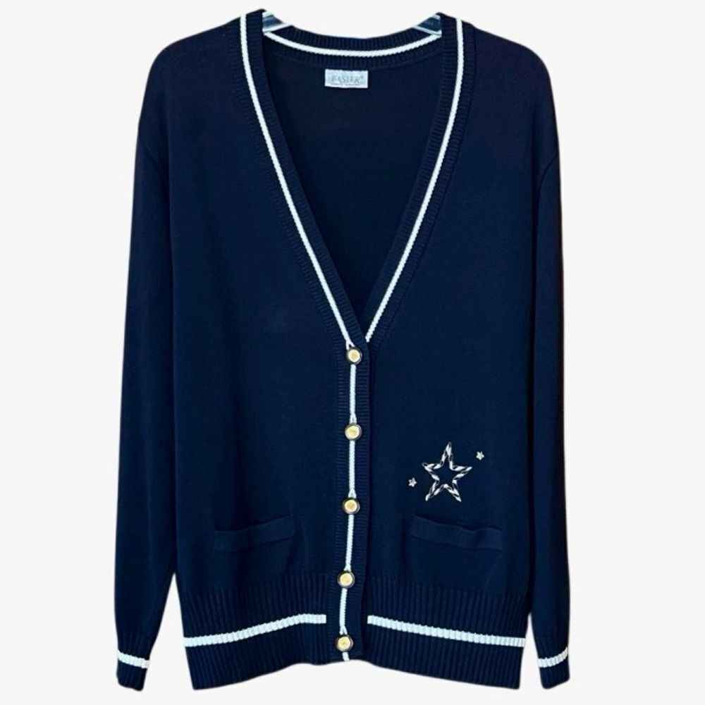 Basler Cardigan with Star Detail in Navy Blue/White/Gold Women’s XL